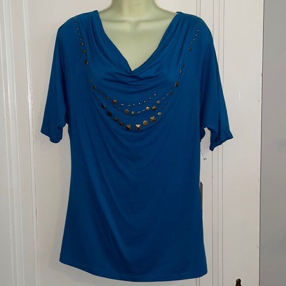 NWT Kenneth Cole Reaction teal blue drape neck short sleeve top with studs - Picture 2 of 9
